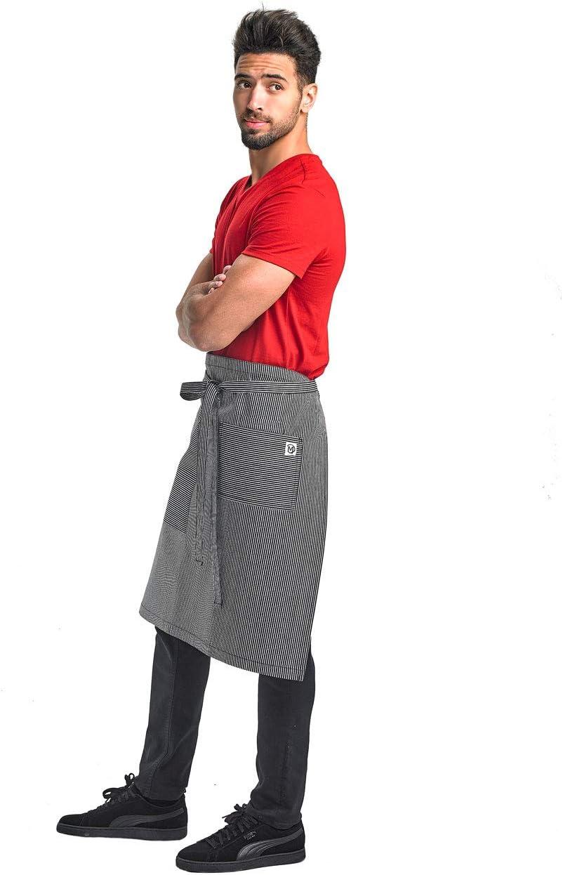 image:imageMercer Culinary Metro Edge Renegade Bib Server Apron Black Denim with Brown Leather StrapsNavyWhite Railroad Stripe