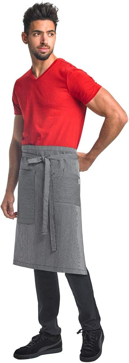 image:imageMercer Culinary Metro Edge Renegade Bib Server Apron Black Denim with Brown Leather StrapsNavyWhite Railroad Stripe