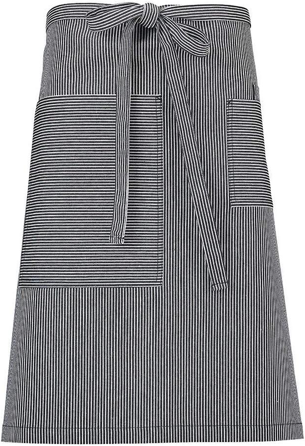image:imageMercer Culinary Metro Edge Renegade Bib Server Apron Black Denim with Brown Leather StrapsNavyWhite Railroad Stripe