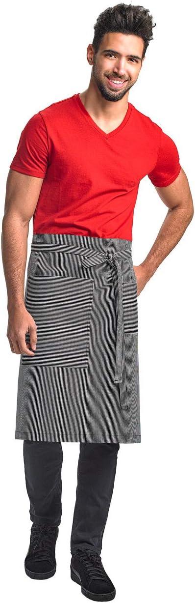 image:imageMercer Culinary Metro Edge Renegade Bib Server Apron Black Denim with Brown Leather StrapsNavyWhite Railroad Stripe