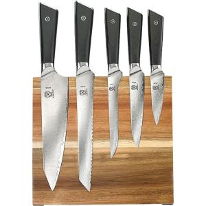 Mercer Culinary Premium Grade Super Steel 6-Piece Knife Set with Glass/Wood Block Stand, G10 Handles(6 Piece Knife Set with Magnetic Acacia Stand)