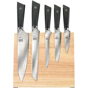 Mercer Culinary Premium Grade Super Steel 6-Piece Knife Set with Glass/Wood Block Stand, G10 Handles(6 Piece Knife Set with Magnetic Rubberwood Stand)