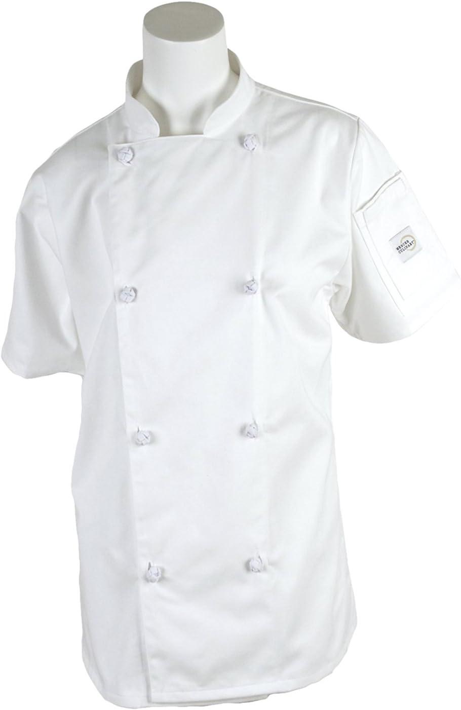 image:imageMercer Culinary M61042BK1X Genesis Womens Short Sleeve Chef Jacket with Cloth Knot Buttons XLarge BlackWhite
