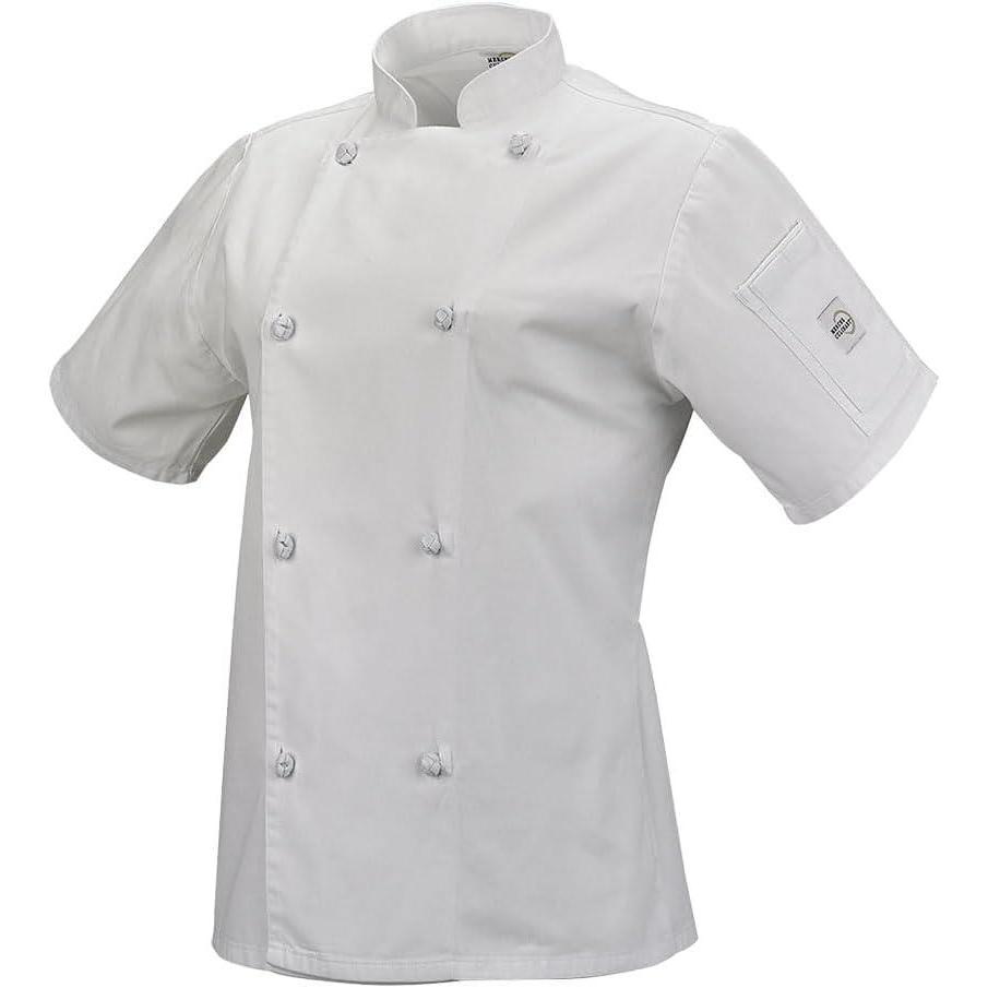 image:imageMercer Culinary M61042BK1X Genesis Womens Short Sleeve Chef Jacket with Cloth Knot Buttons XLarge BlackWhite