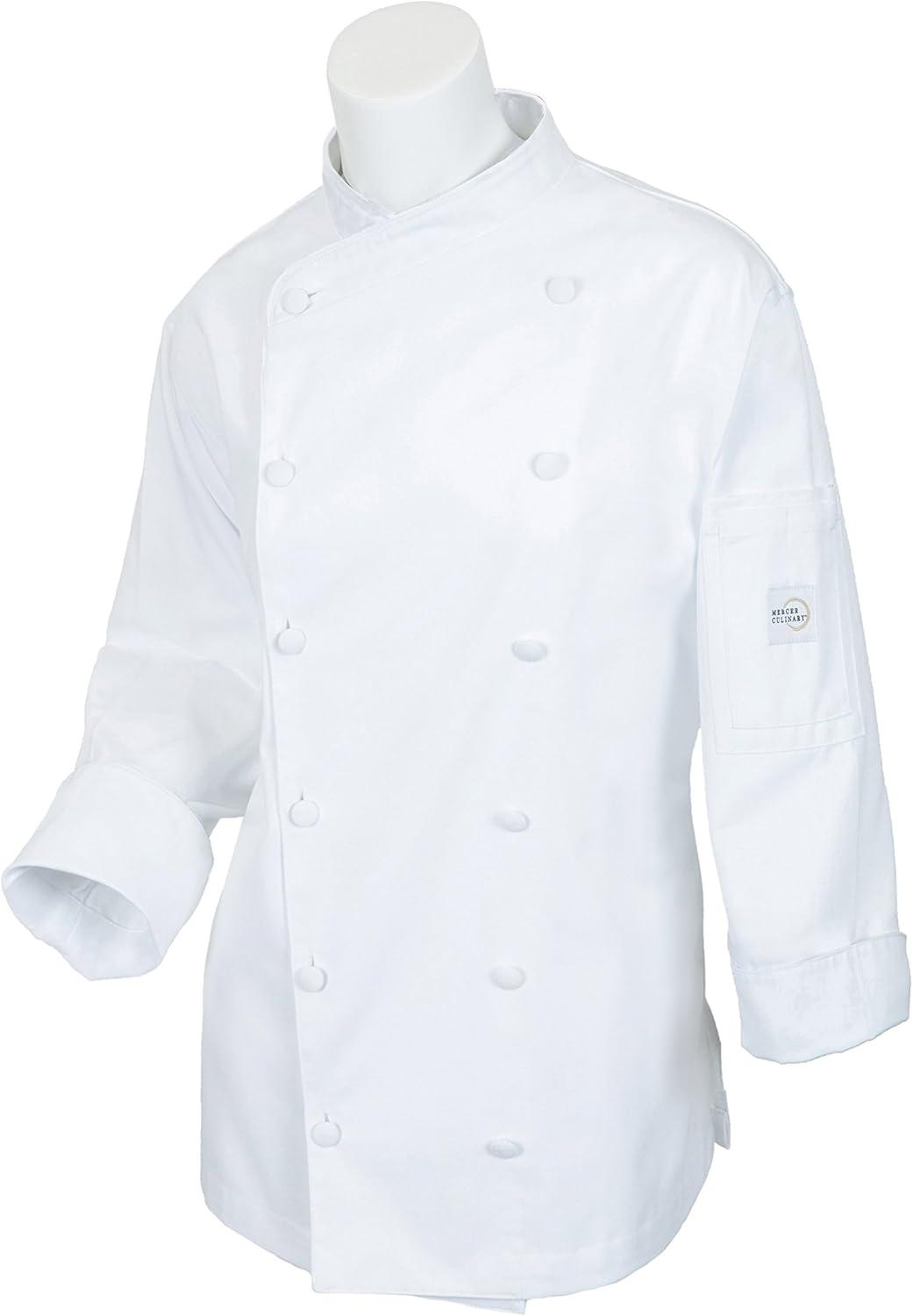 image:imageMercer Culinary M62050WRBXS Renaissance Womens White Scoop Neck Chef Jacket XSmallWhite with Royal Blue PipingWhite
