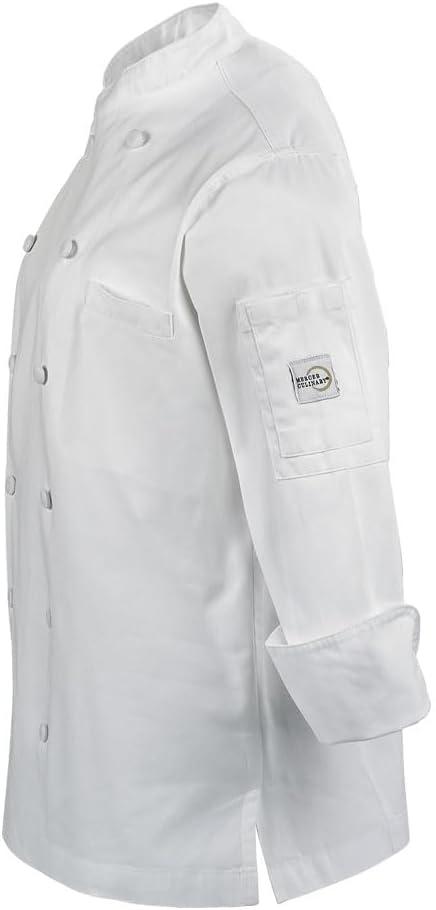 image:imageMercer Culinary M62050WRBXS Renaissance Womens White Scoop Neck Chef Jacket XSmallWhite with Royal Blue PipingWhite