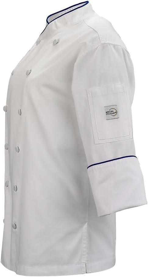 image:imageMercer Culinary M62050WRBXS Renaissance Womens White Scoop Neck Chef Jacket XSmallWhite with Royal Blue PipingWhite With Royal Blue Piping