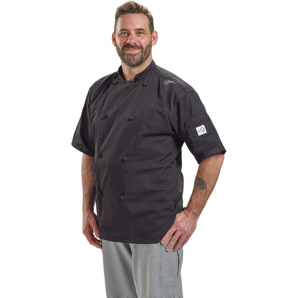 image:imageMercer Culinary M61022WH3X Genesis Mens Short Sleeve Chef Jacket with Cloth Knot Buttons 3XLarge WhiteBlack