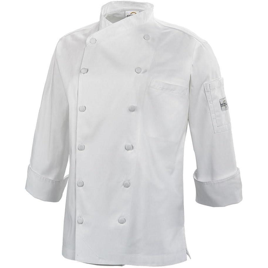 image:imageMercer Culinary M62050WRBXS Renaissance Womens White Scoop Neck Chef Jacket XSmallWhite with Royal Blue PipingWhite