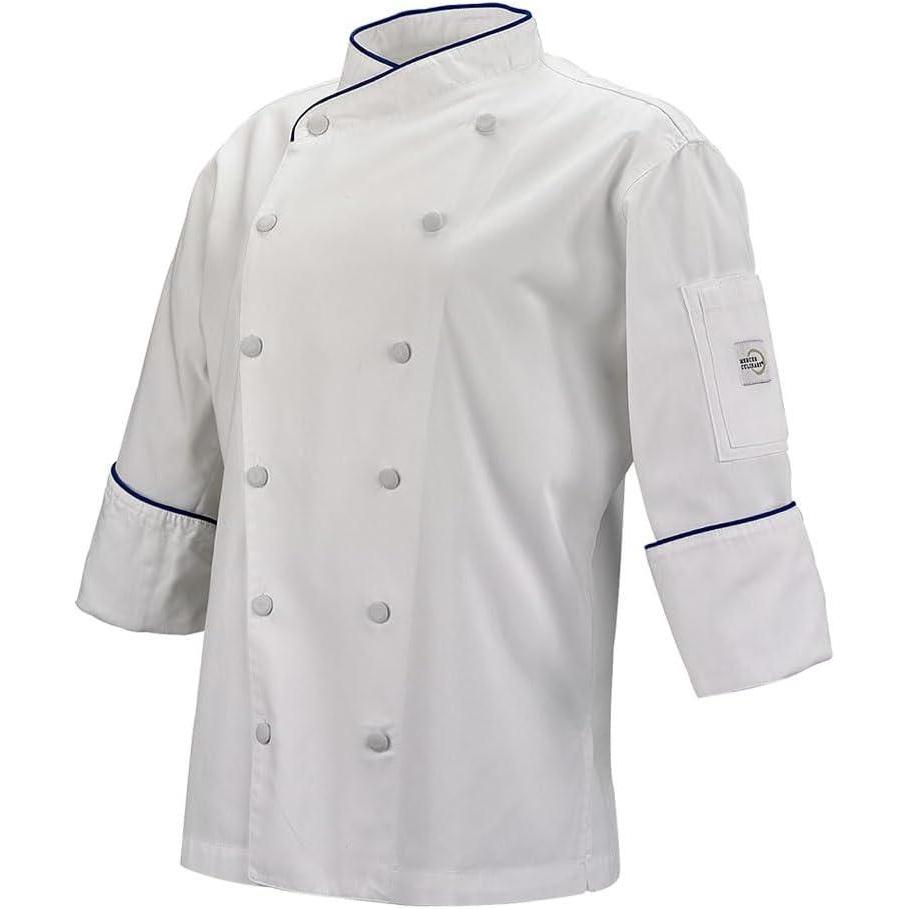 image:imageMercer Culinary M62050WRBXS Renaissance Womens White Scoop Neck Chef Jacket XSmallWhite with Royal Blue PipingWhite With Royal Blue Piping
