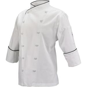 Mercer Culinary M62050WRBXS Renaissance Women’s White Scoop Neck Chef Jacket, X-Small,White with Royal Blue Piping(White With Black Piping)